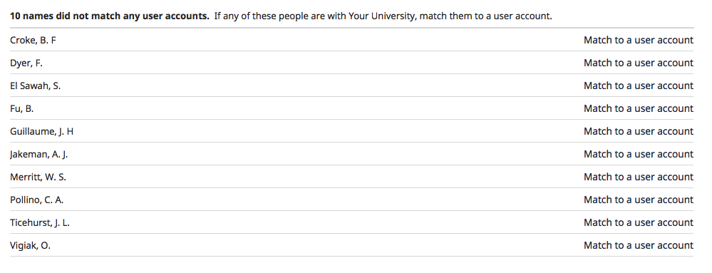 The unmatched names section showing a list of ten names with a Match to a user account link on the right for each name.