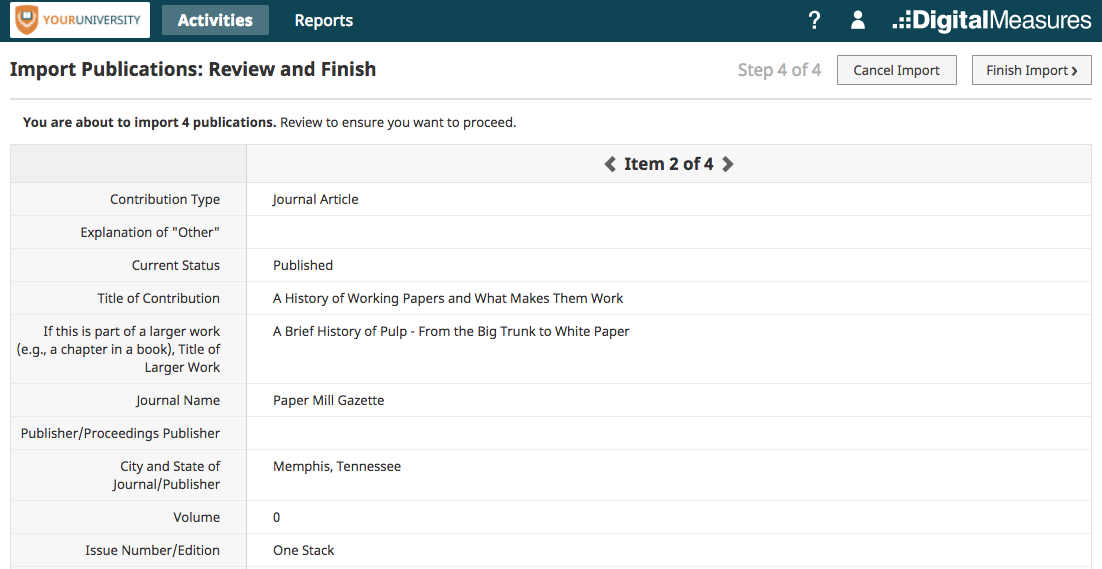 The Import Publications: Review and Finish page showing Item 2 of 4 in a section with publication details listed in rows, along with navigation arrows for switching items and the buttons Cancel Import and Finish Import at the top.