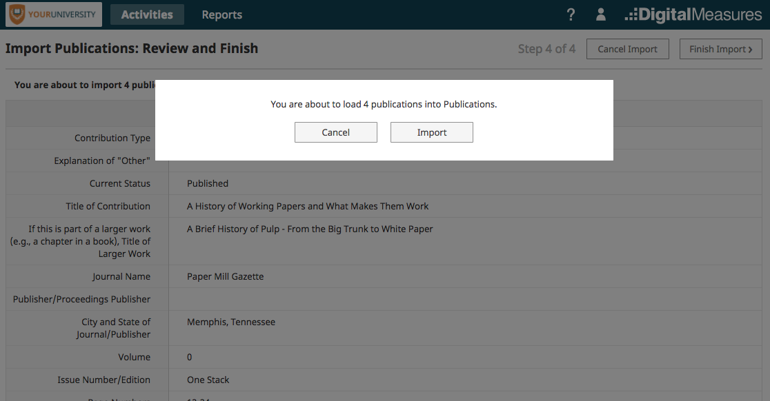 The confirmation modal showing a message about loading four publications into Publications, with the buttons Cancel and Import at the bottom.