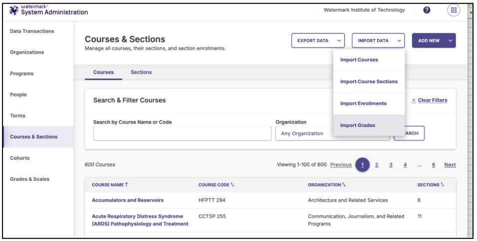 Courses & Sections with the Import Grades option highlighted.