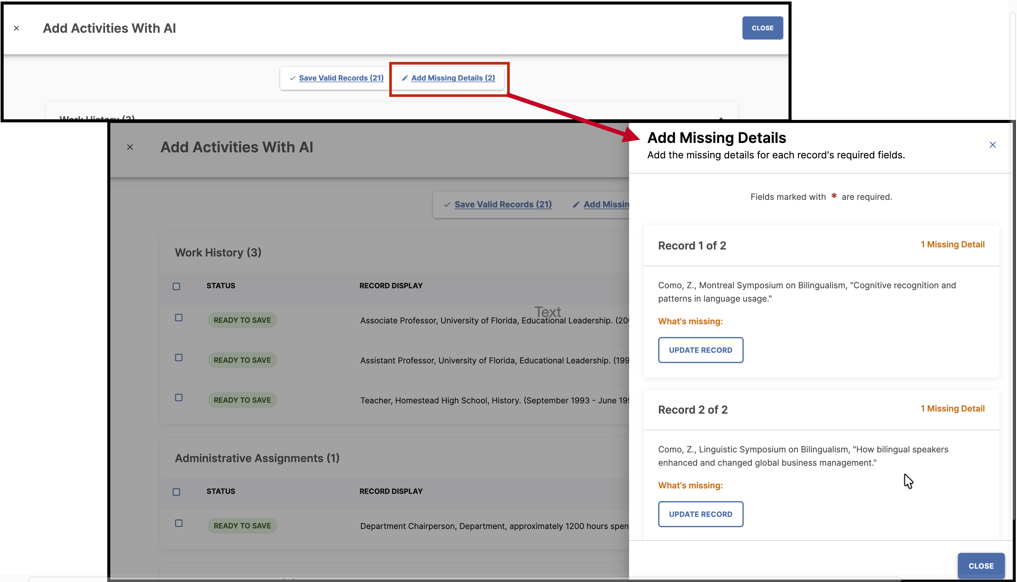 Screenshot of the Add Missing Details Workflow