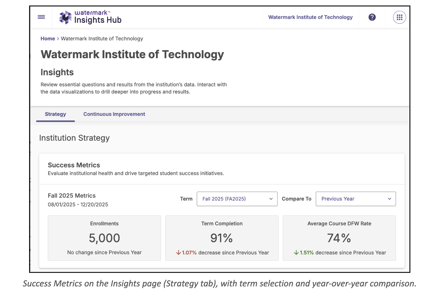 The Strategy tab on the Insights dashboard highlighting the Term Success Metrics interface, including cards for Enrollments, Term Completion, and Average Course DFW Rate.