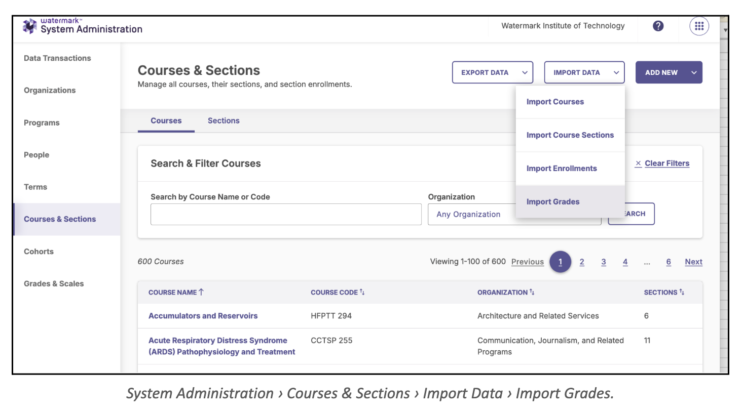 The System Administration portal navigation tree highlighting the Courses and Sections menu, trailing to the Import Data page where the file upload zone for Import Grades is displayed.