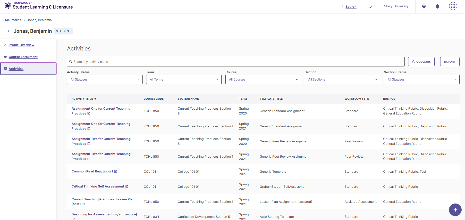 Screenshot of the Activities screen, showing a student's activity history
