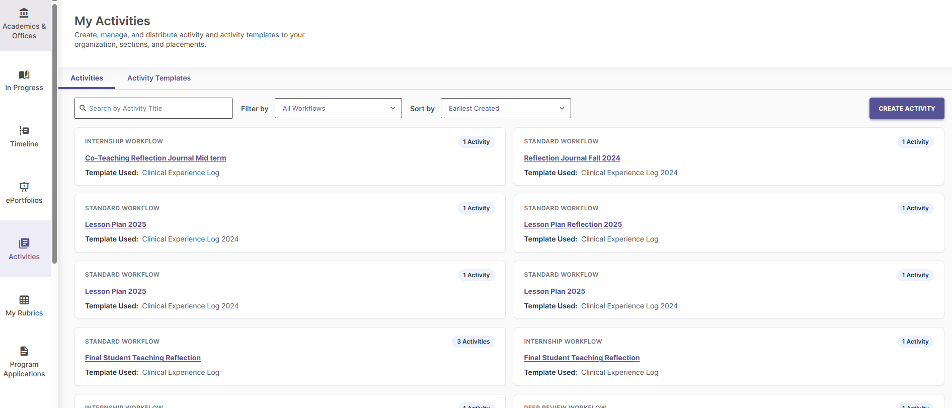 The My Activities page displaying the side navigation with Activities selected, showing the Activities and Activity Templates tabs along with a list of sent activities.