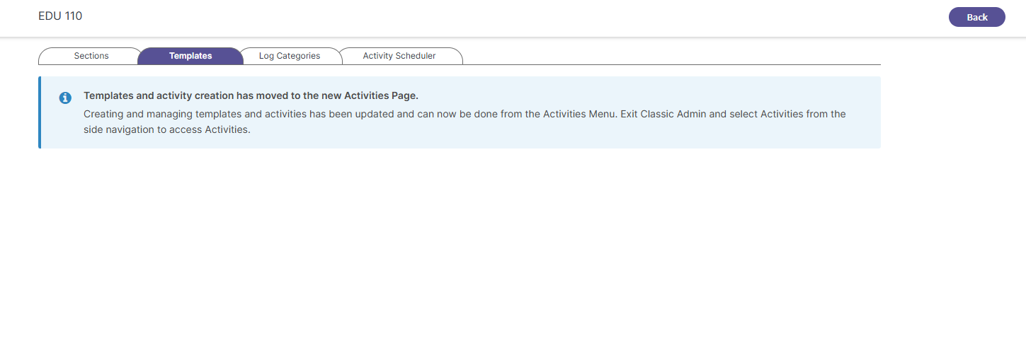 Templates sub-tab navigation view accessed within a course section.