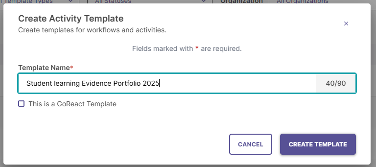 Create Activity Template dialog box showing template title field, character counter, and GoReact checkbox.