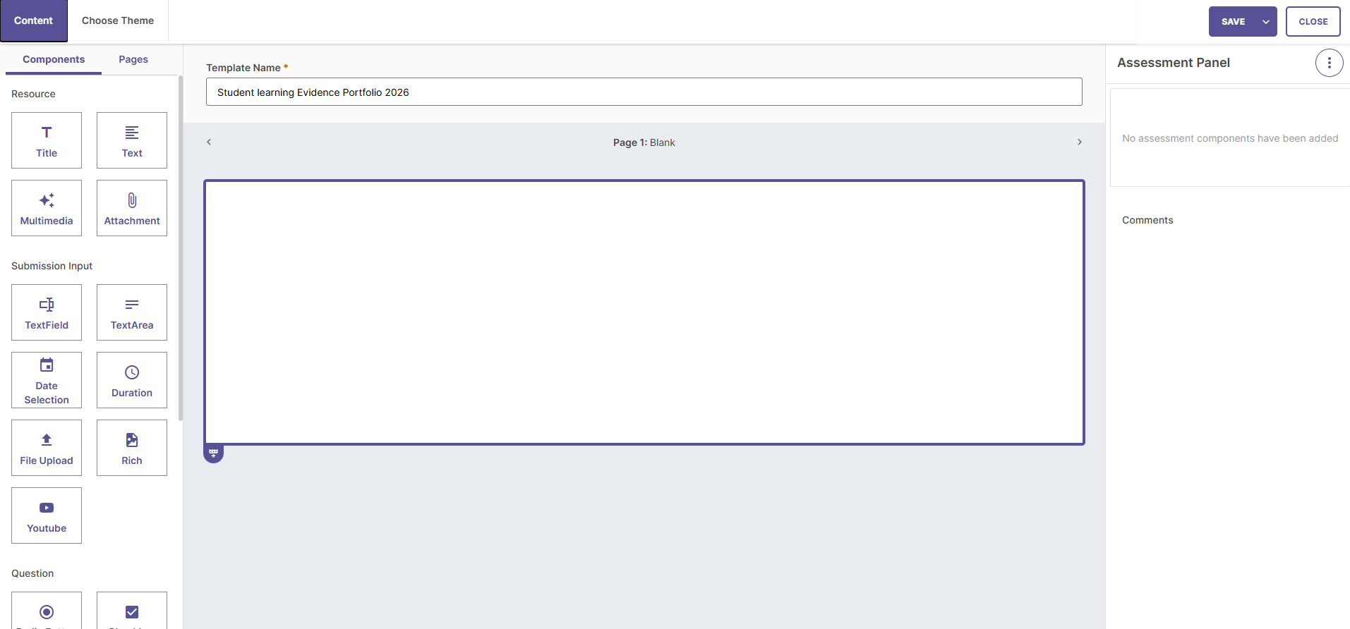 Component selection interface showing the component palette on the left, canvas in the center, and empty assessment panel on the right.