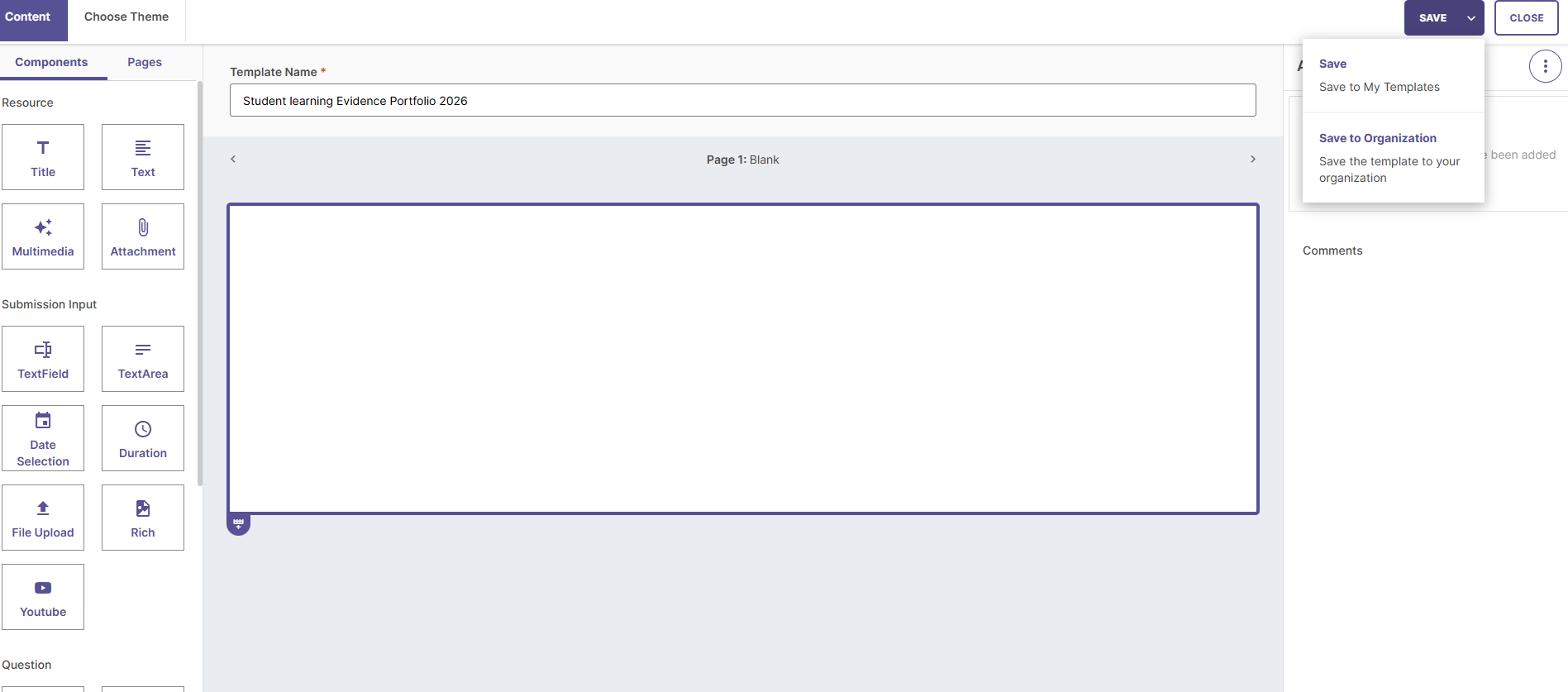 Save menu options dropdown displaying options to Save as draft or Save to Organization.