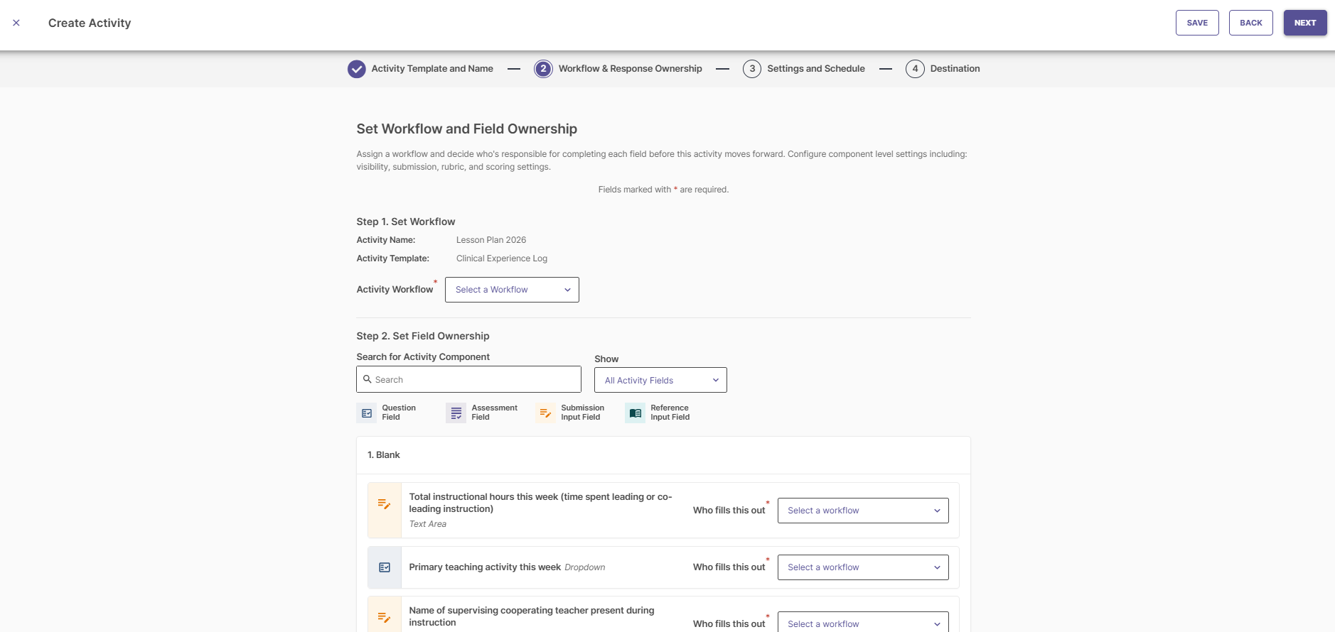 Step 2 wizard prior to workflow selection displaying placeholder dropdowns.
