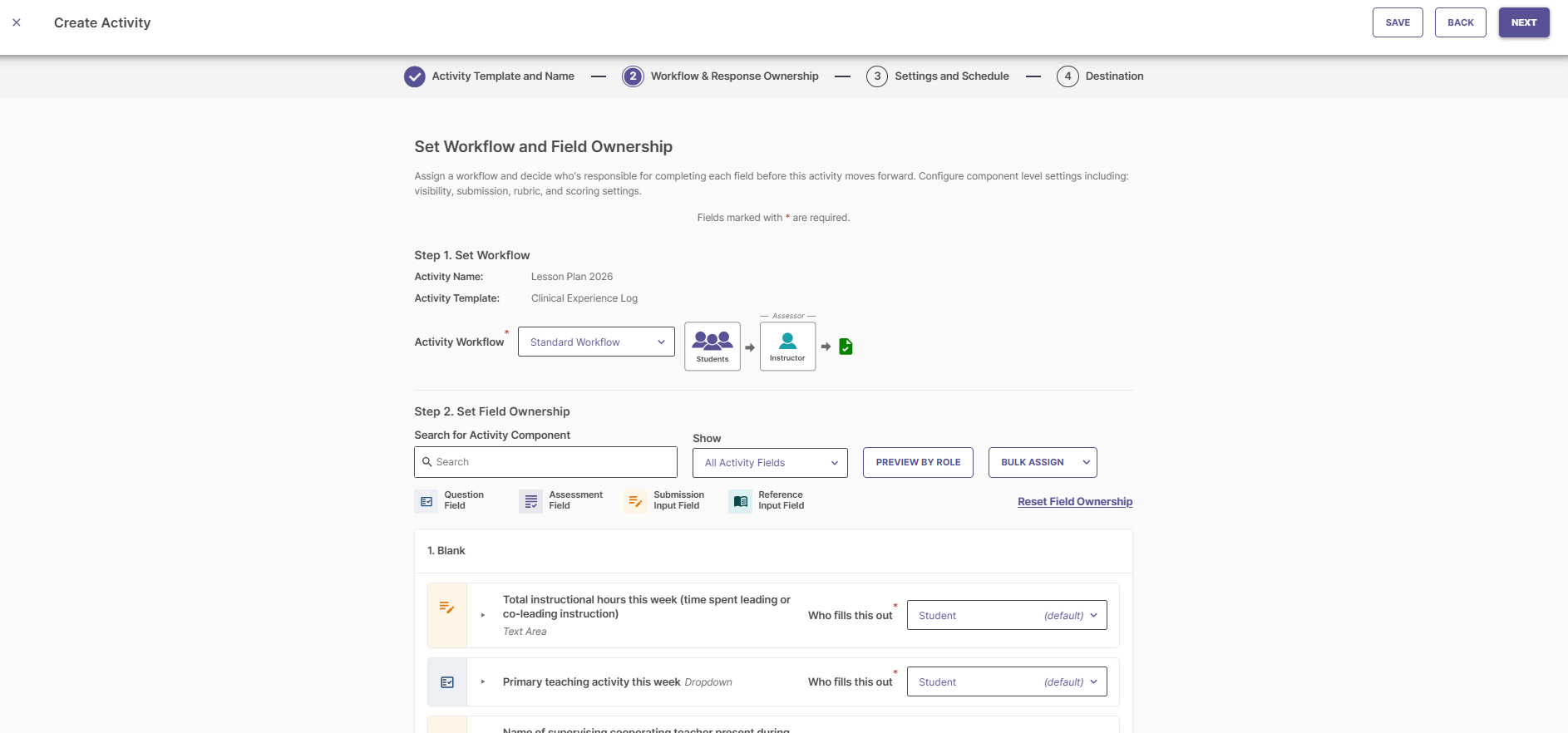 Step 2 wizard after selecting Standard Workflow, displaying role flow diagram and default field owners.