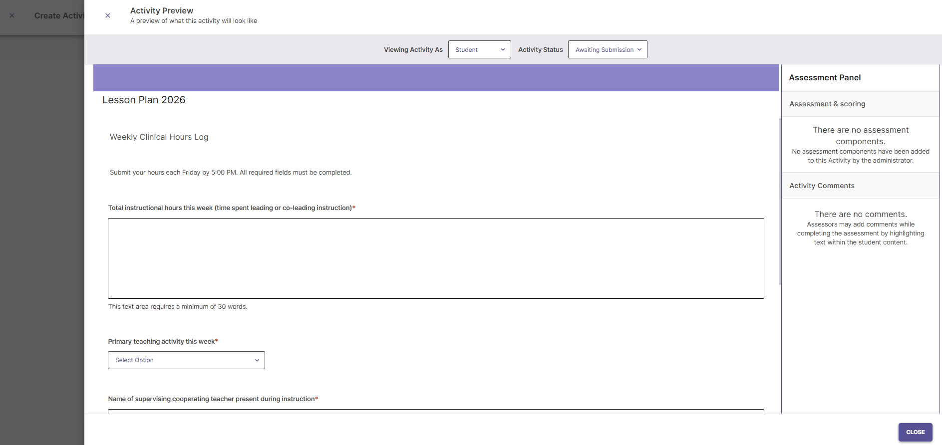 Activity Preview dialog with dropdown controls for role and activity status.