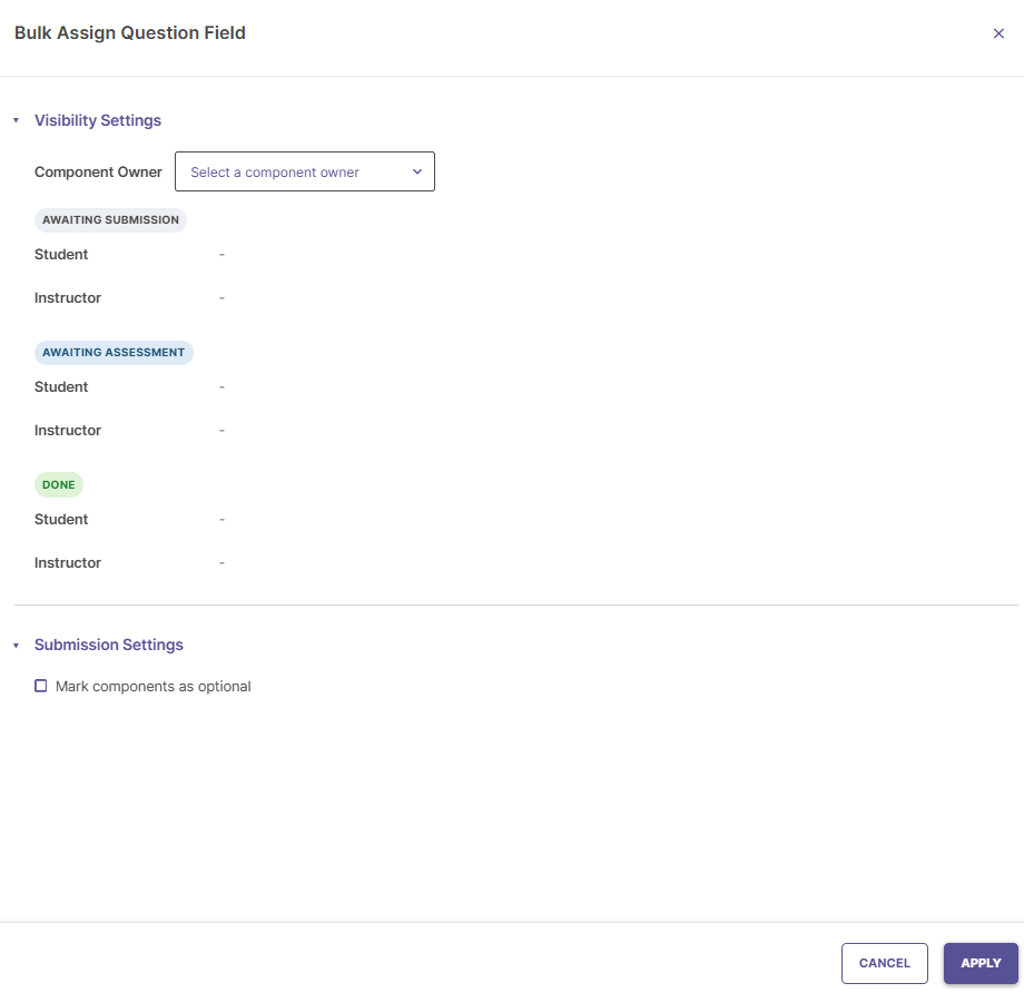 Bulk Assign dialog showing visibility settings, status rows, and submission rules.