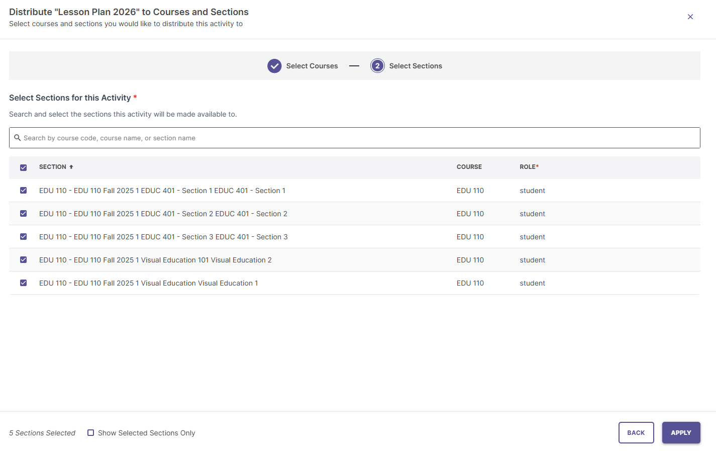 Course section targeting interface step 2 showing specific section selections.