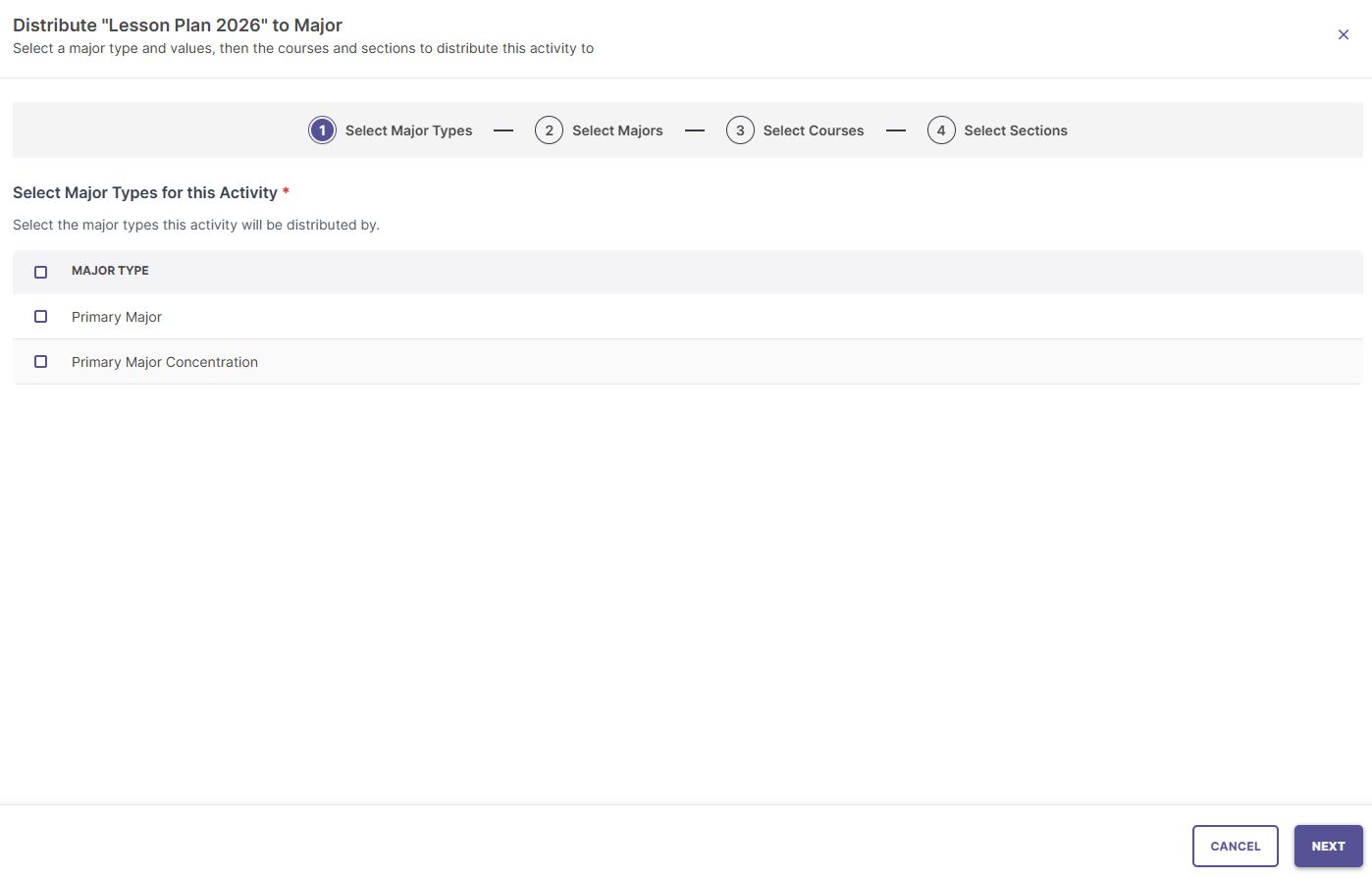 Major targeting wizard step 1 choosing major type.