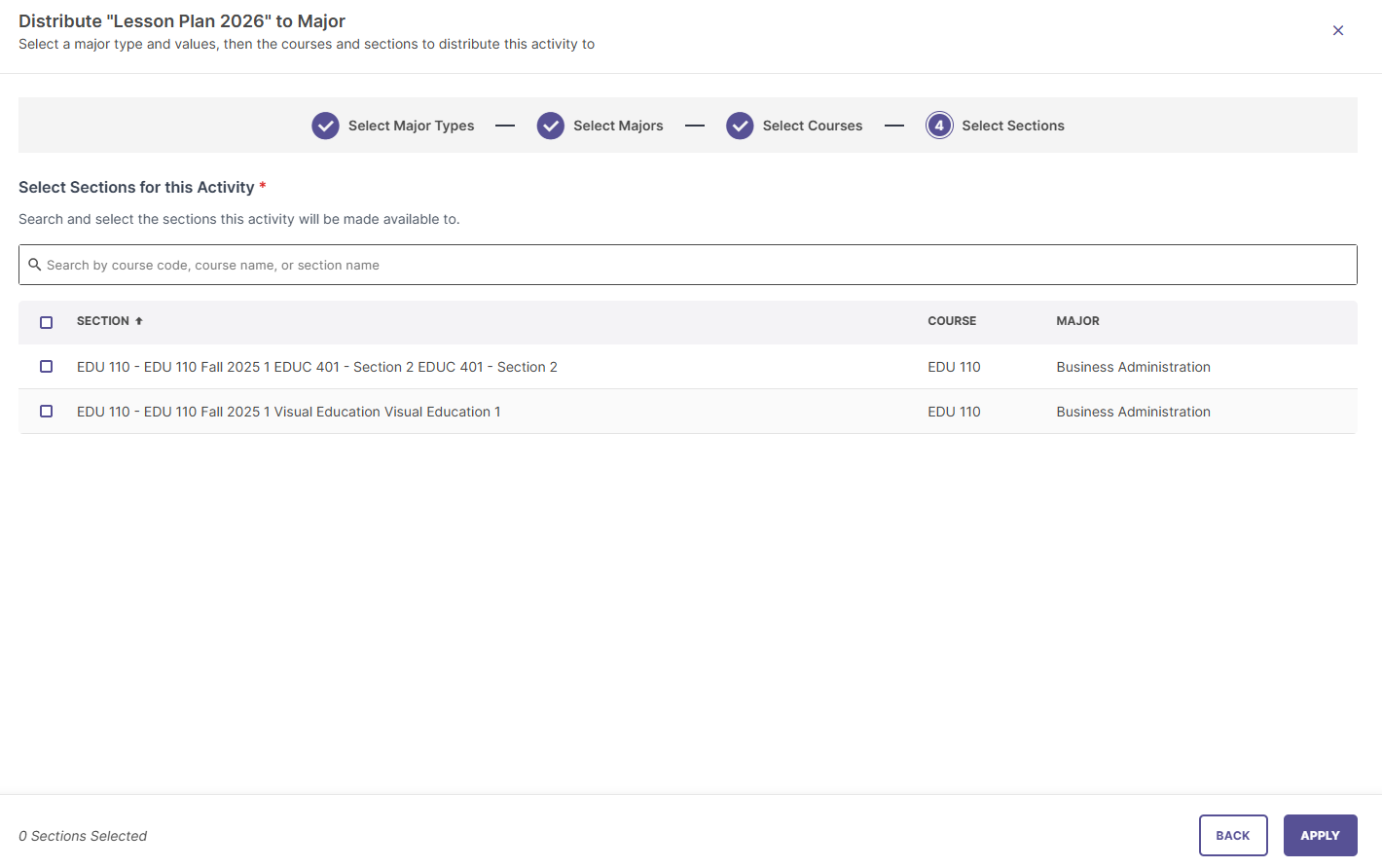 Major targeting wizard step 4 selecting target sections.