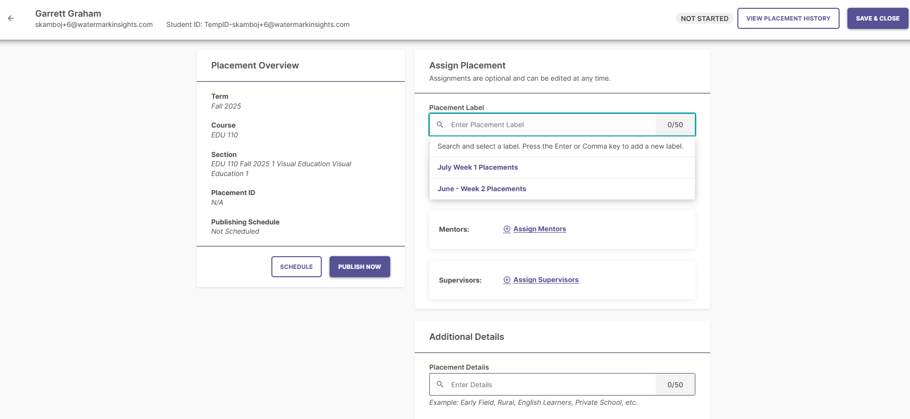 Membership page displaying auto-generated placement label student group.