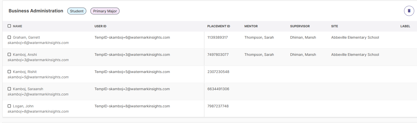 Section Membership view listing Major and Placement Label role groups.