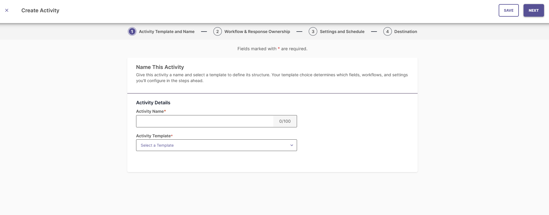 Step 1 of Create Activity wizard showing empty Activity Name input and Template dropdown.