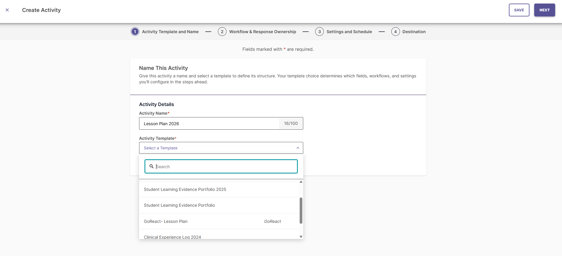 Step 1 wizard with Activity Name filled in and Template search dropdown open displaying available templates.