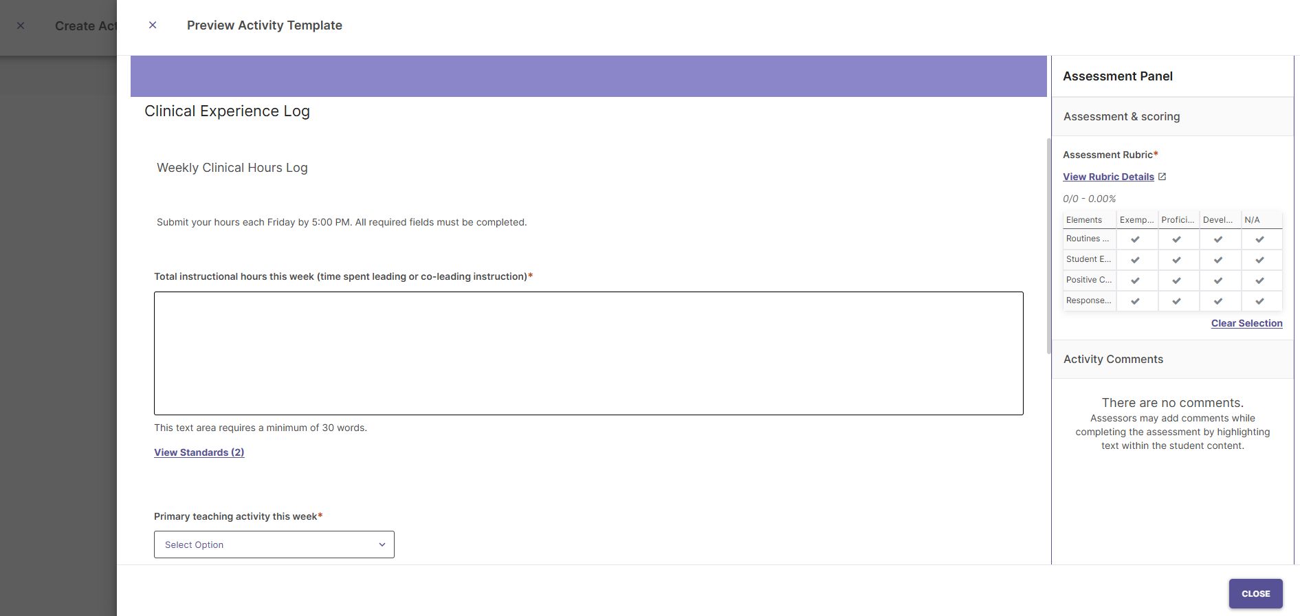 Preview Activity Template dialog displaying a read-only view of fields on the left and rubric in assessment panel on the right.