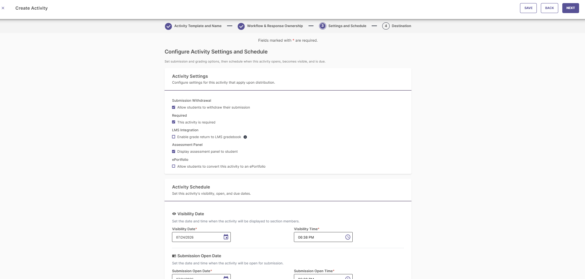 Step 3 configuration screen displaying activity settings checkboxes and date picker scheduling fields.