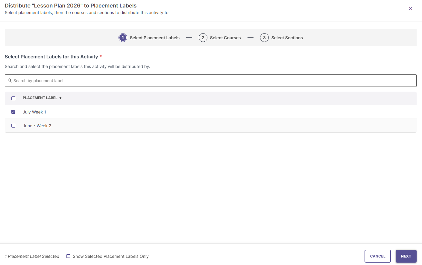Placement label selection step 1 showing course node choice.
