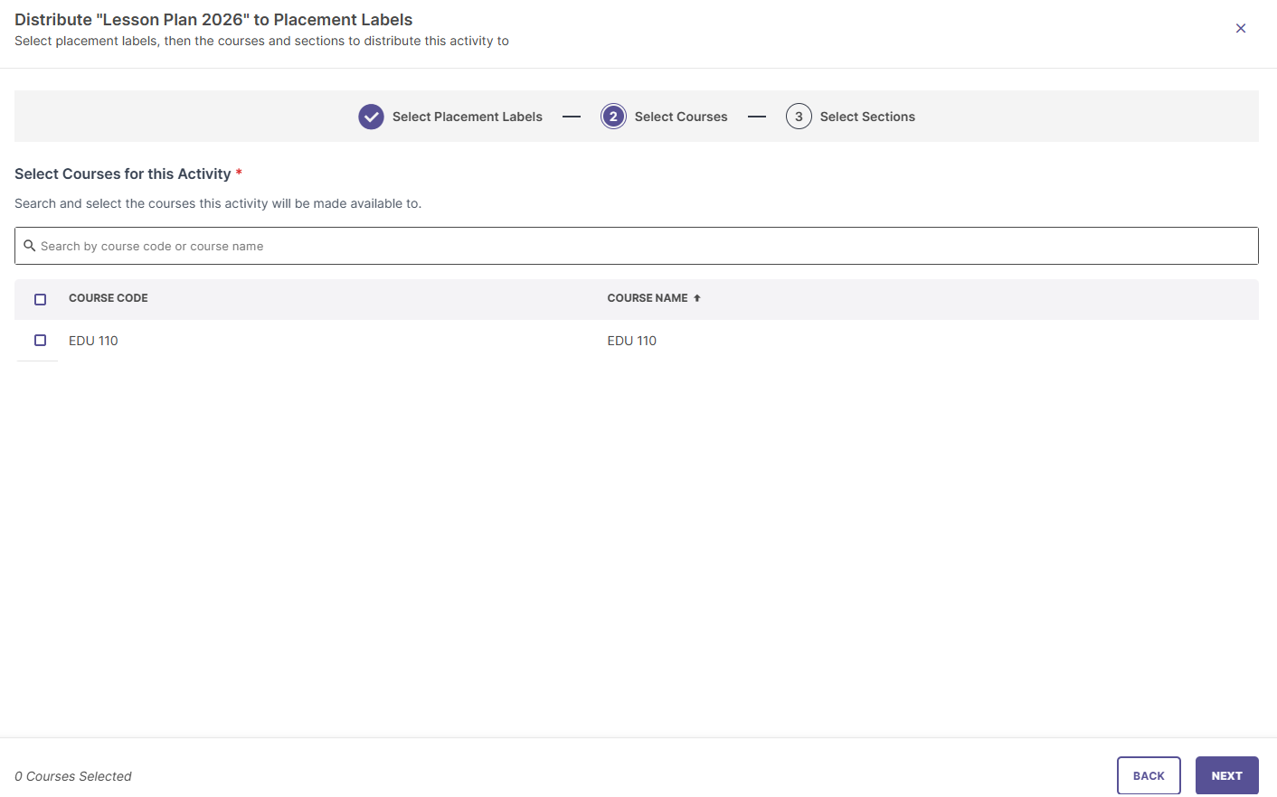 Placement label selection step 2 filtering by course section.