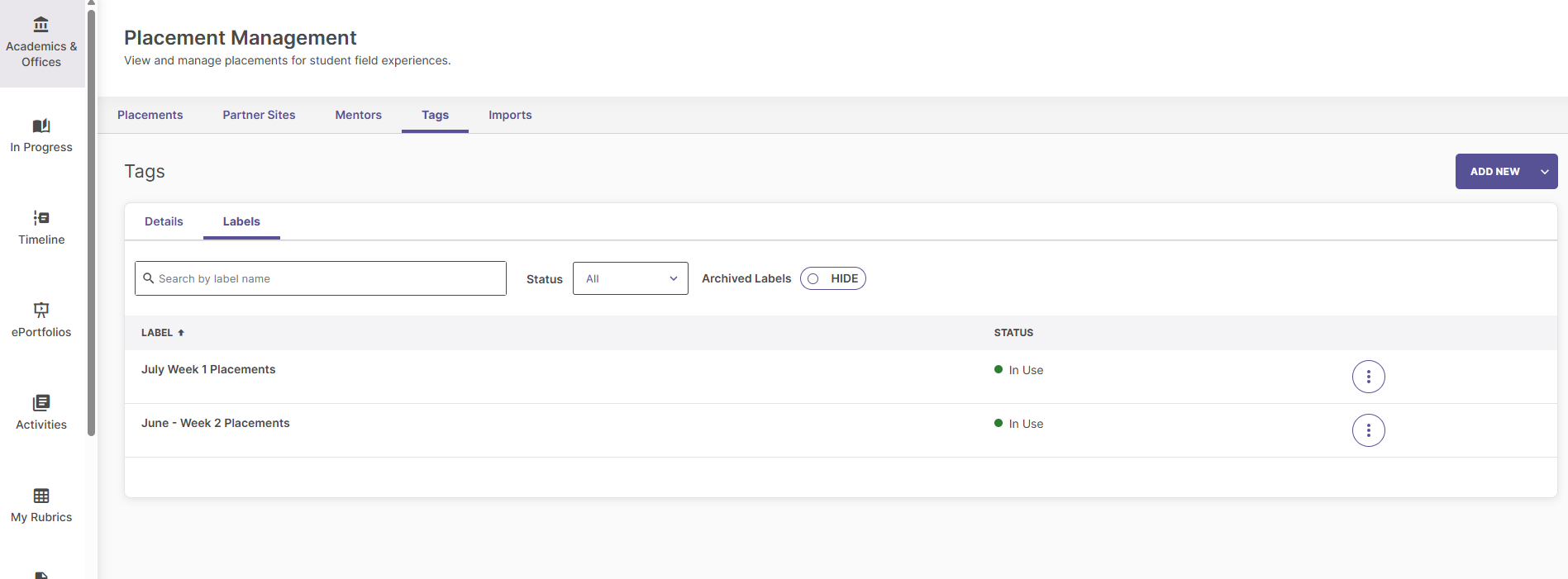 Placement Management Tags page showing Details and Labels tabs.