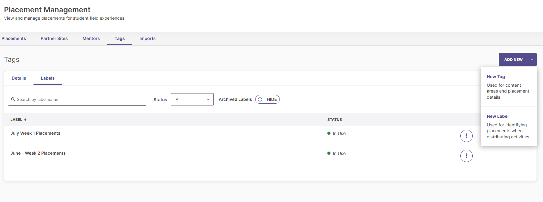 Adding a new label dropdown option in Placement Management.