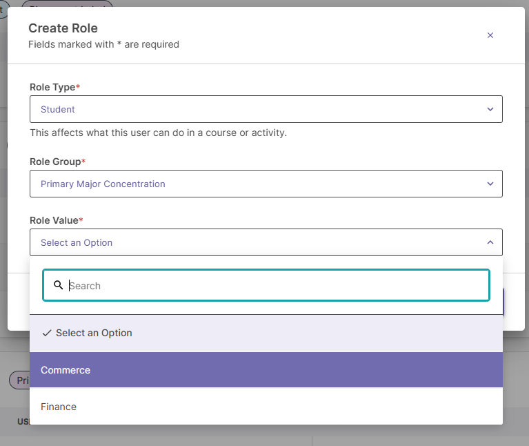 Create Role modal selecting Major as Role Group and choosing major value.