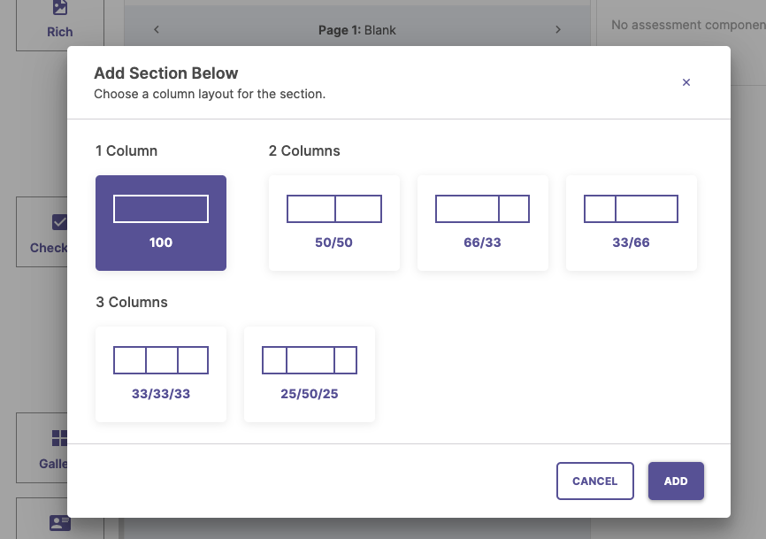 Screenshot of "Add Section" modal