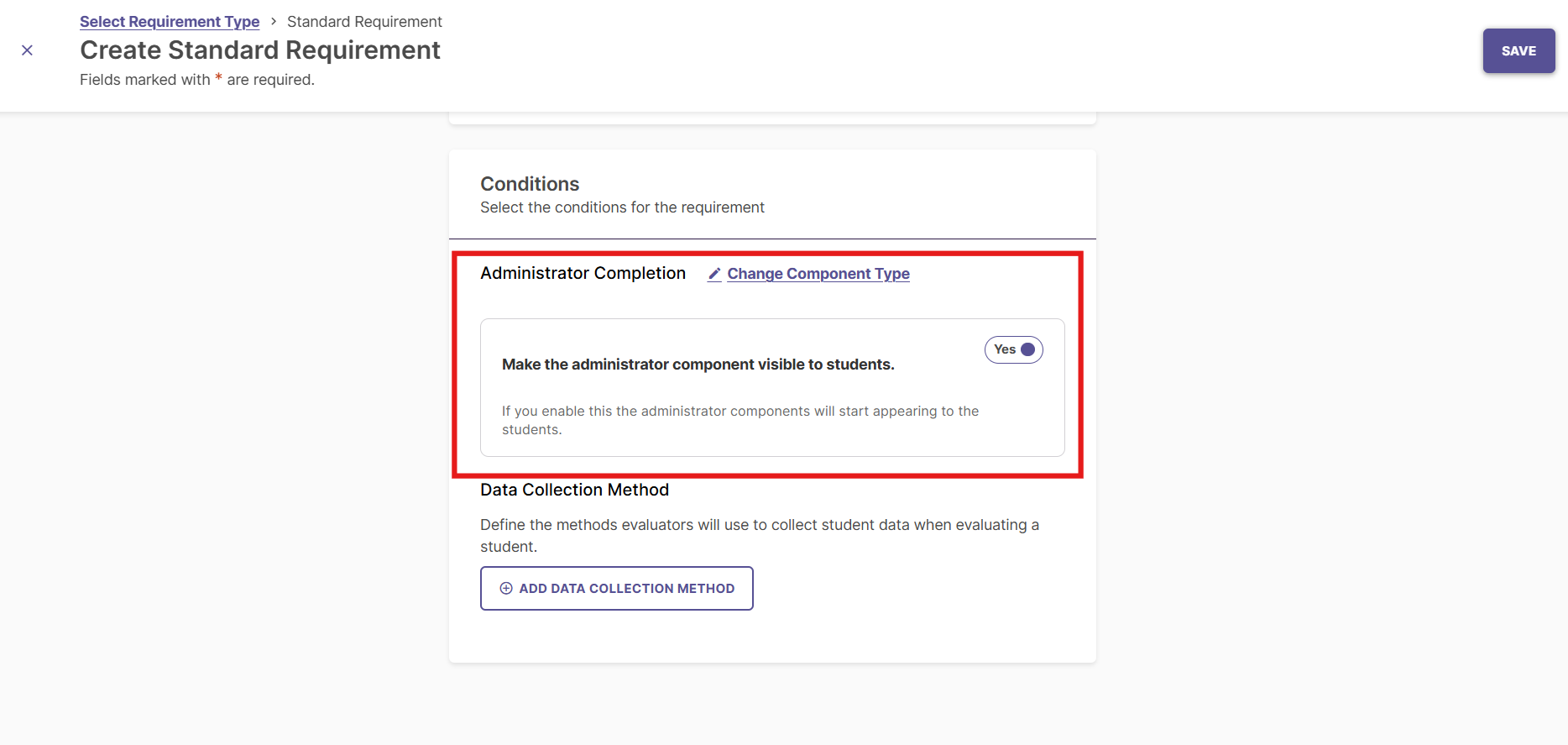 Requirement editor showing the toggle switch to set Administrator Requirements as visible or hidden for students