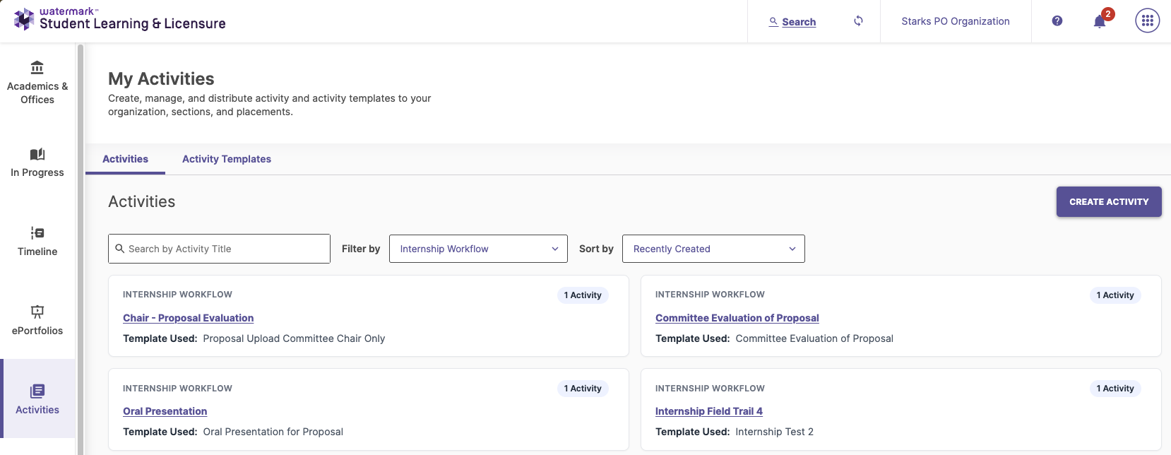 Screenshot of the Activity menu