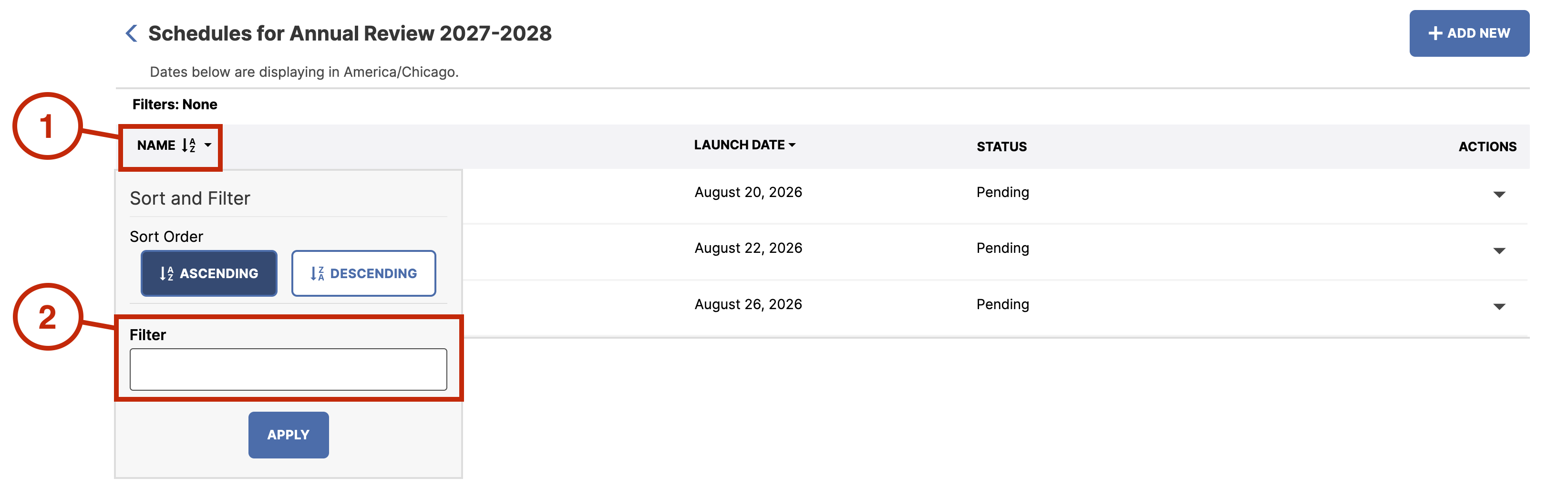 Screenshot showing the Filter field under the Name column