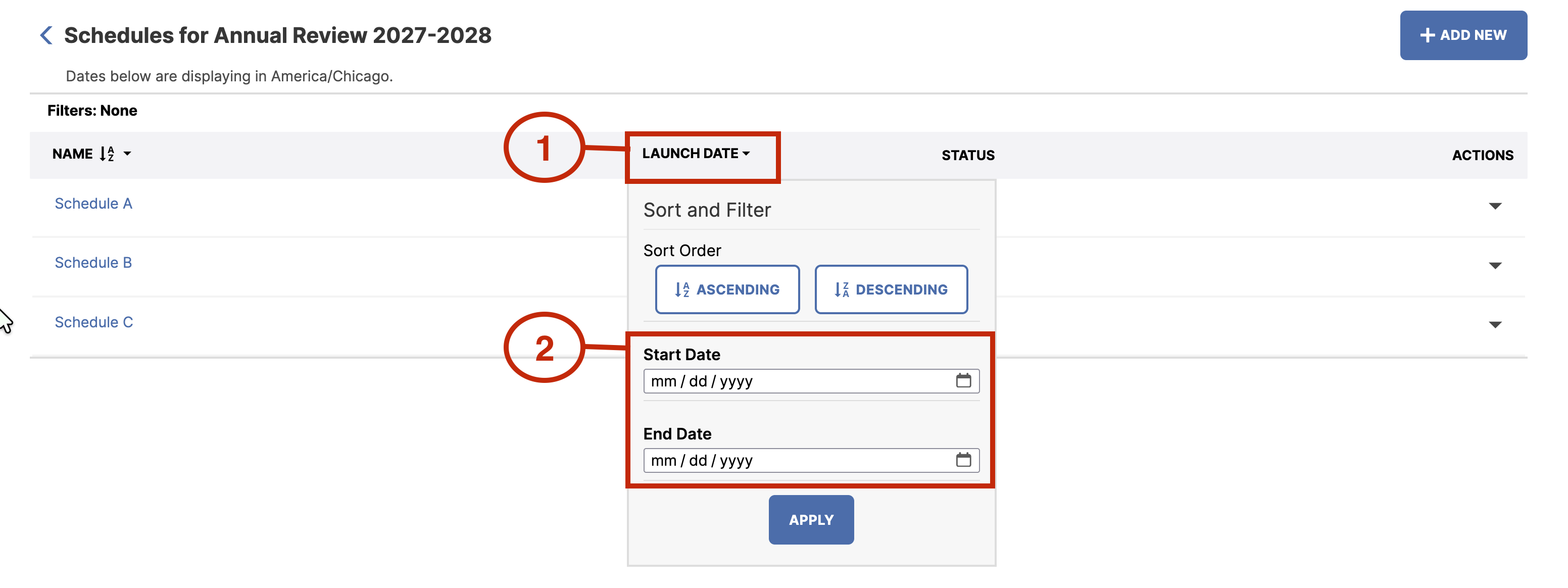 Screenshot showing the Filter field under the Launch Date column
