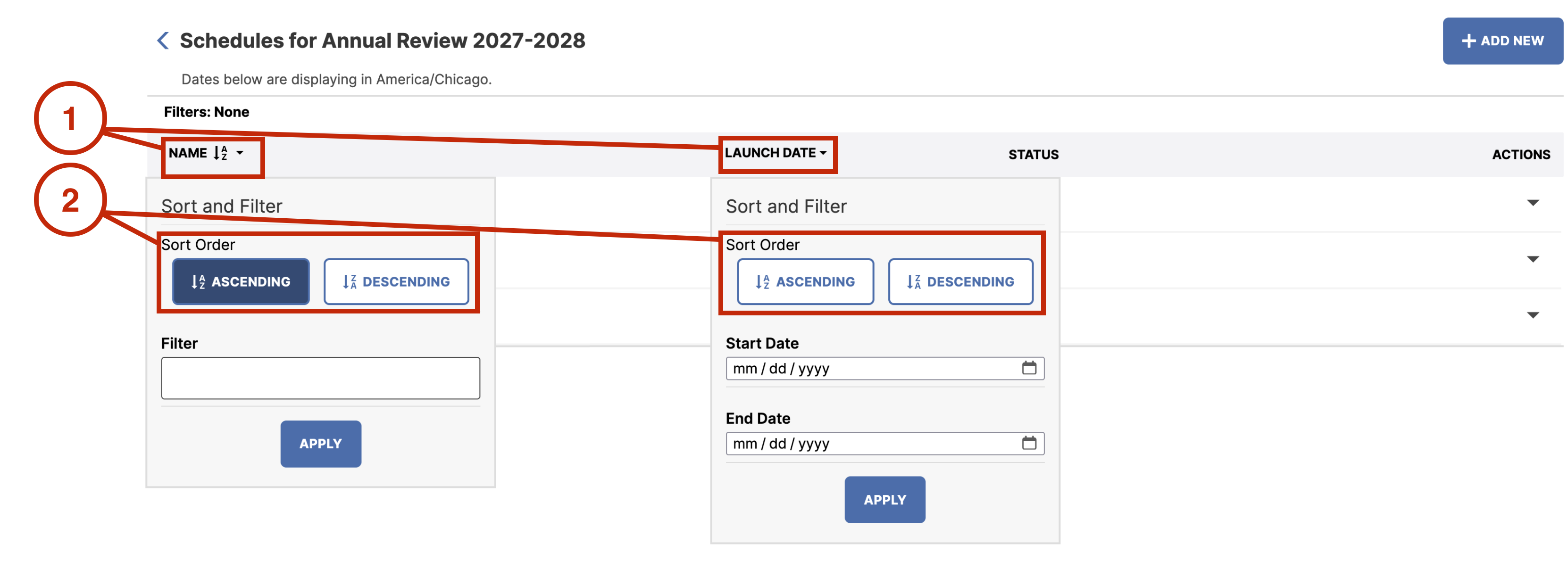 Screenshot showing Ascending and Descending buttons to sort by