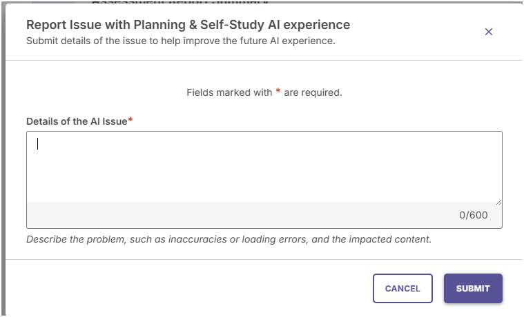 Feedback form modal showing text input area and Submit button for reporting AI issues