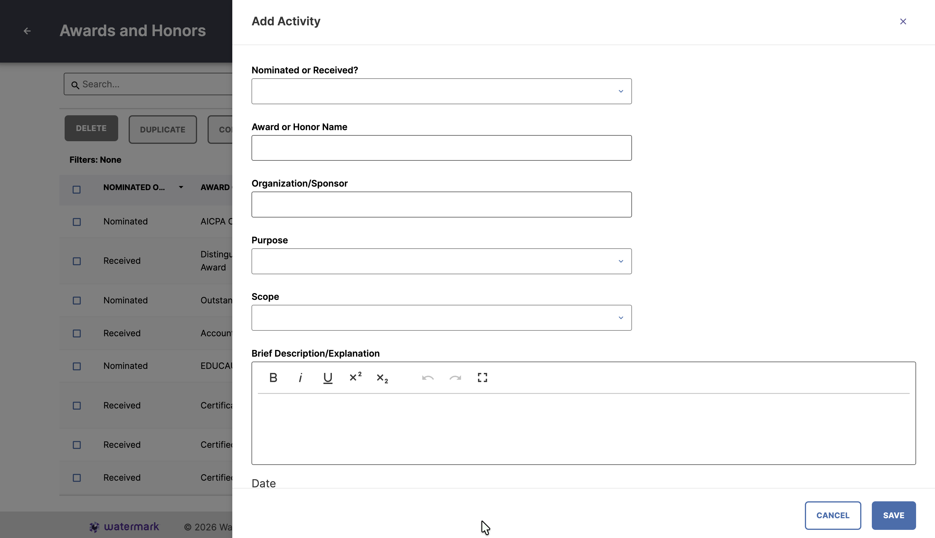 Screenshot showing the new record editor drawer width