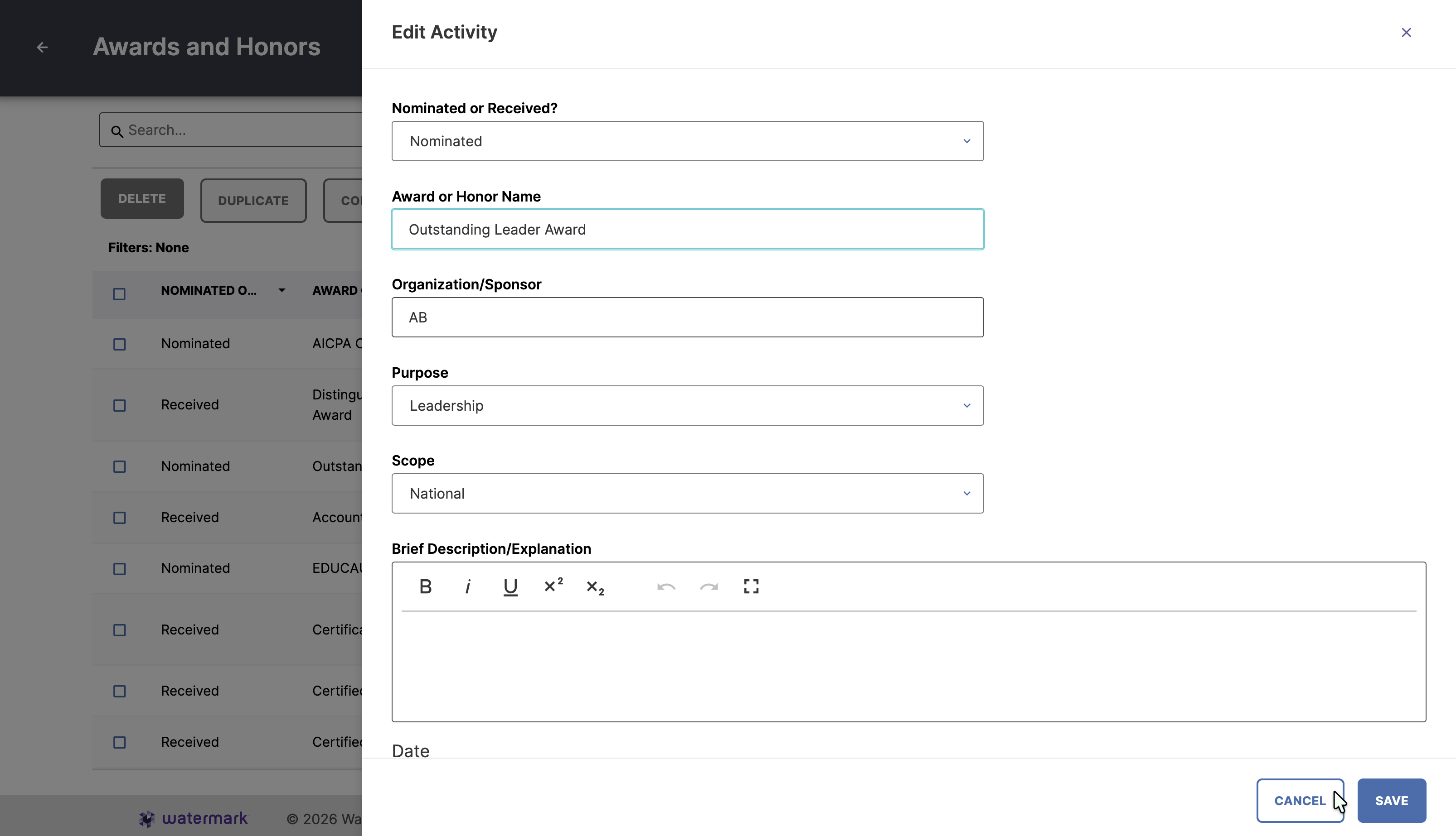 The Awards and Honors activity screen showing Edit Activity drawer 