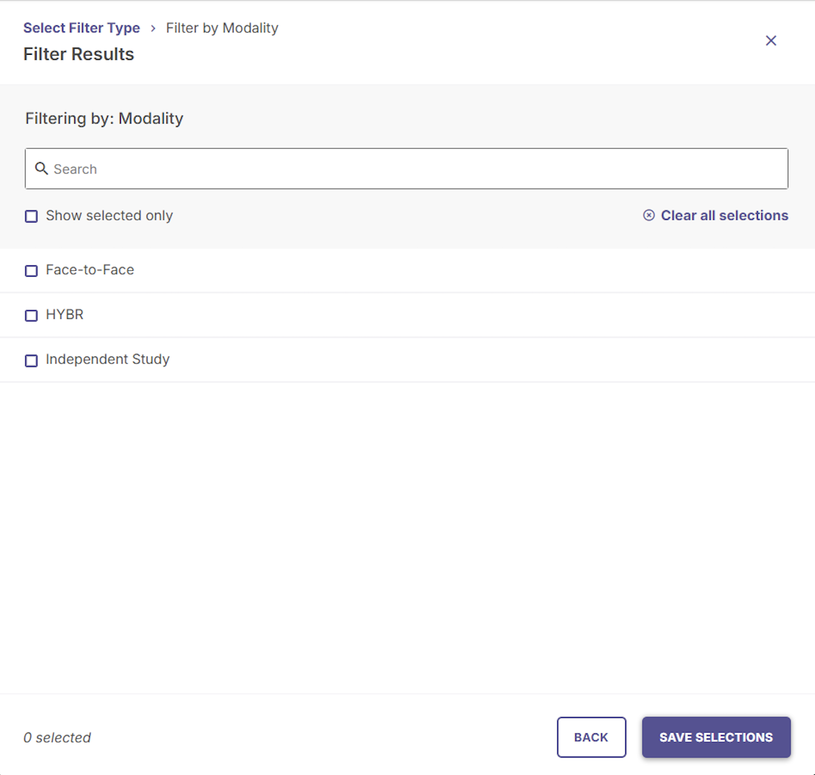 Filter Results screen for Modality displaying options including Face-to-Face, HYBR, and Independent Study.