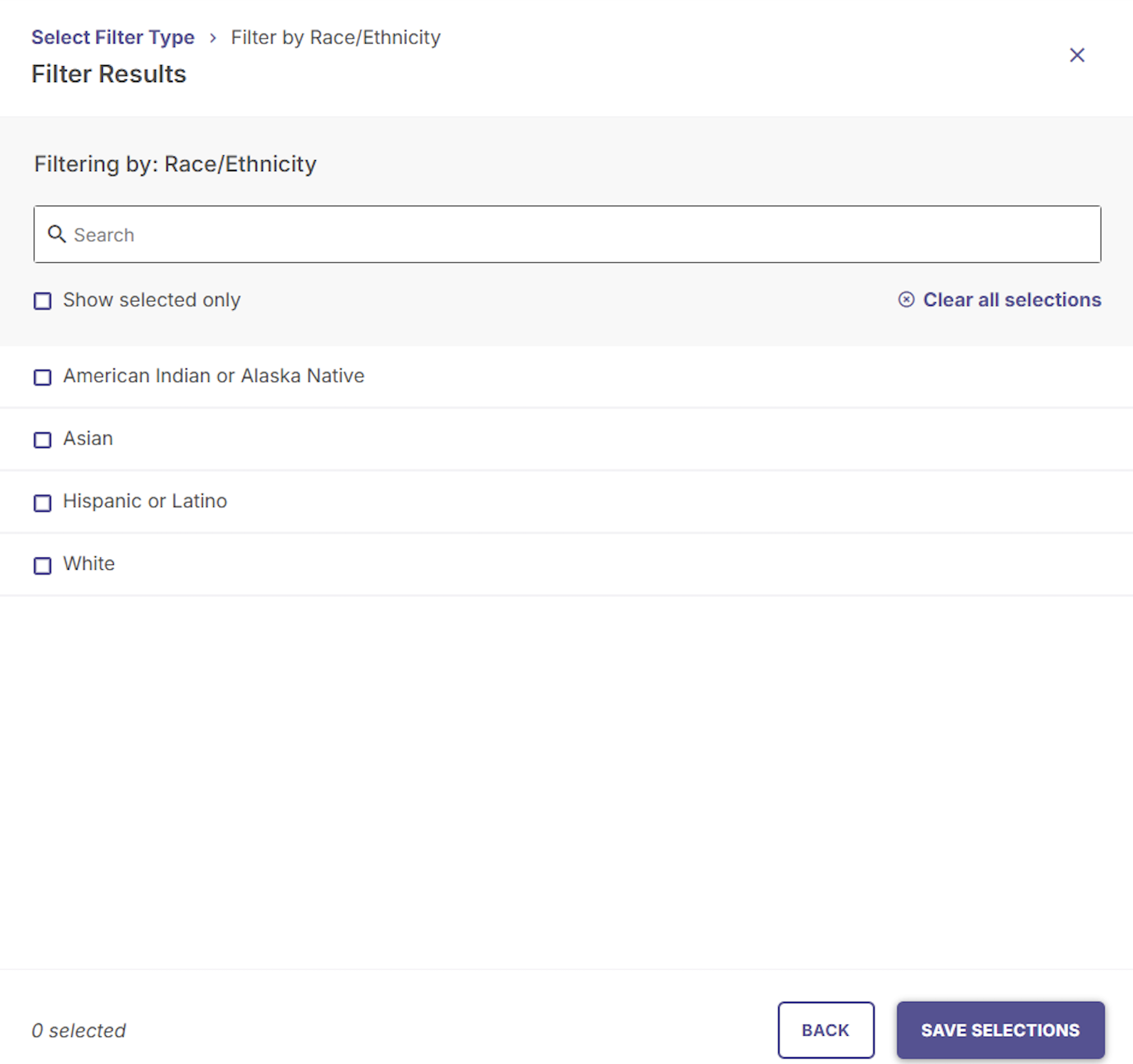 Filter Results screen for Race or Ethnicity showing demographic options including Asian, Hispanic or Latino, and White.