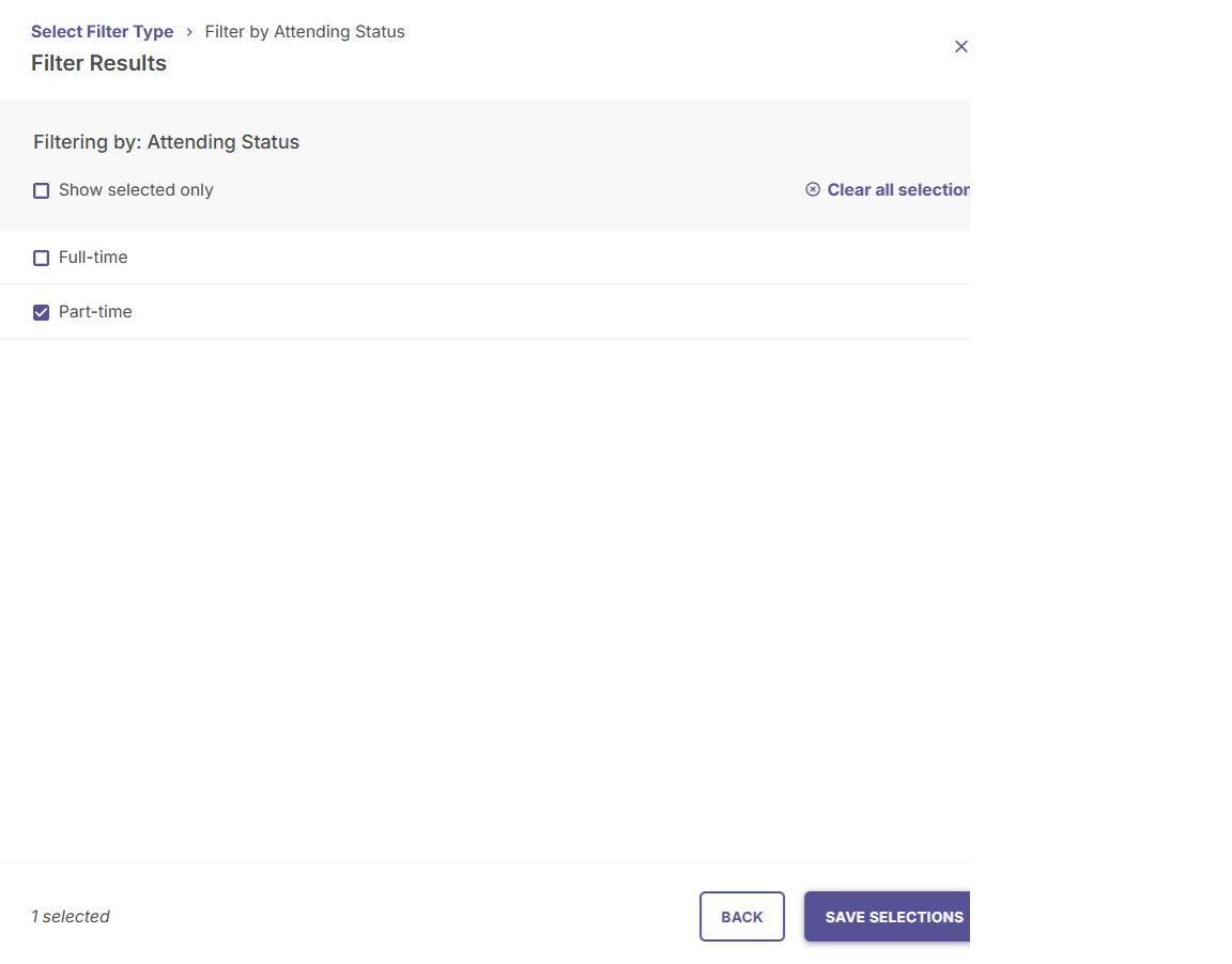 Filter Results screen for Attending Status displaying Full-Time and Part-Time options.