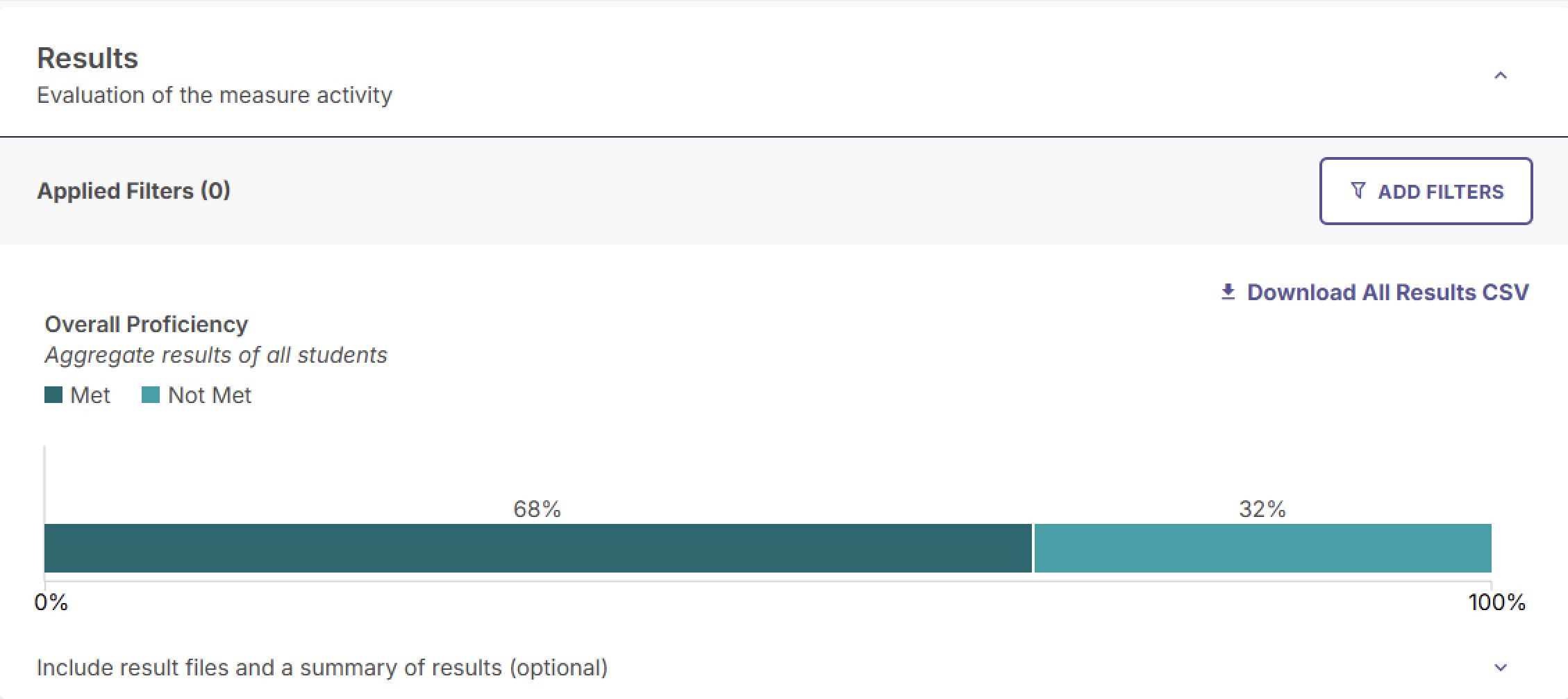 A Results page displaying an evaluation summary bar chart with options to add filters and download CSV results.