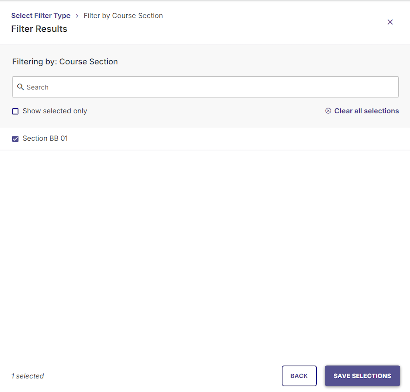 Filter Results screen for Course Section with search field and selectable item Section BB 01.