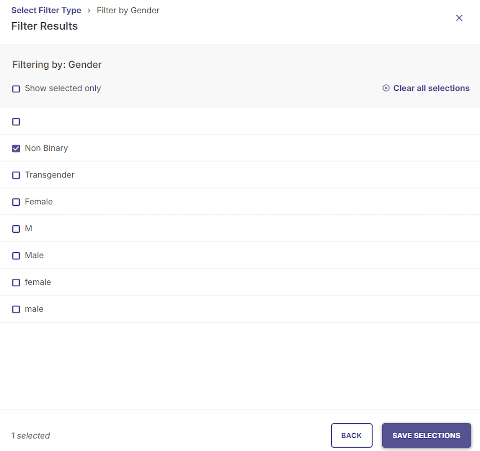 Filter Results screen for Gender displaying selectable categories including Non Binary, Female, and Male.