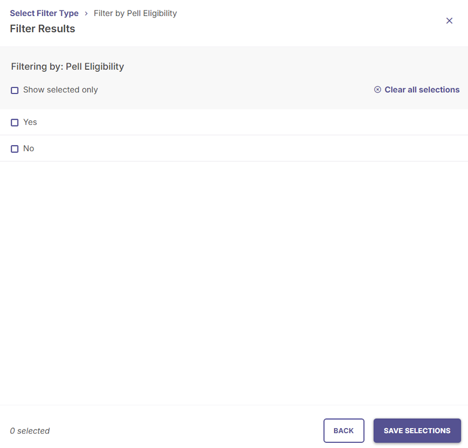 Filter Results screen for Pell Eligibility displaying Yes and No options.