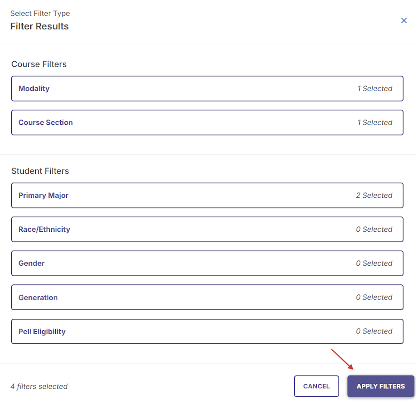 Filter Results summary view displaying selected course and student filters with the Apply Filters button highlighted.
