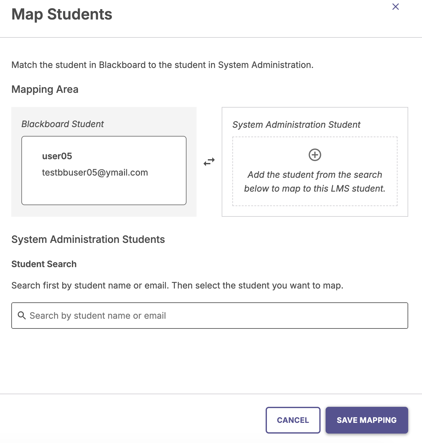 The slide-out editing panel displaying LMS student info on top and an active search interface to map to a system user.