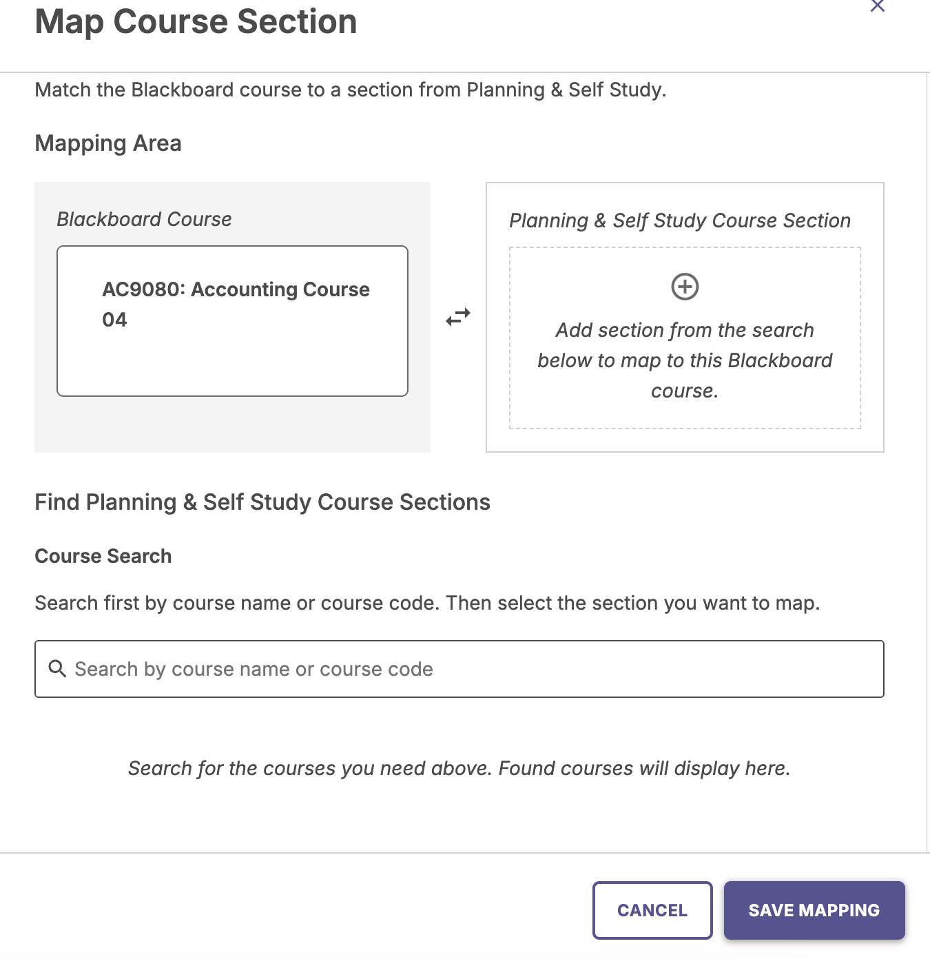 The slide-out mapping interface showing search results for a matching course section and the Save Mapping button.